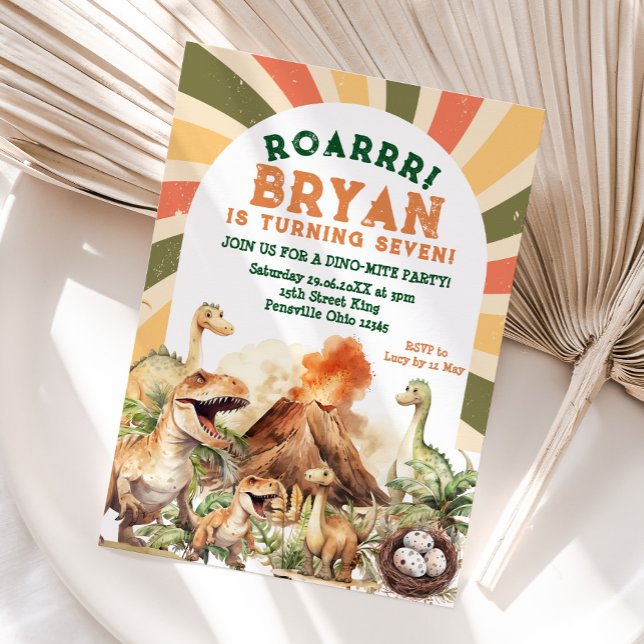 Convites Vintage Jurassic Boy Dinosaur Volcano Aniversário (Criador carregado)