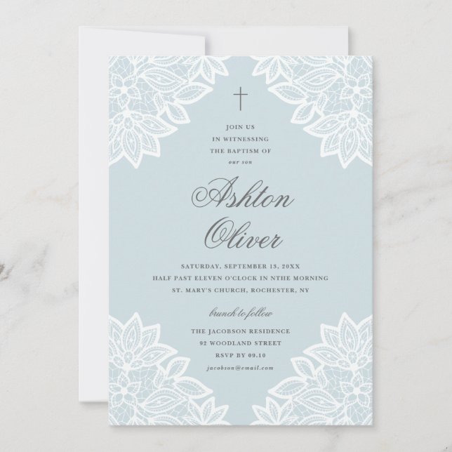 Convites Vintage Lace Azul Batismo Religioso e Christening (Frente)