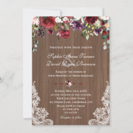 Convites Vintage Lace Burgundy Blush Flowers Casamento de M