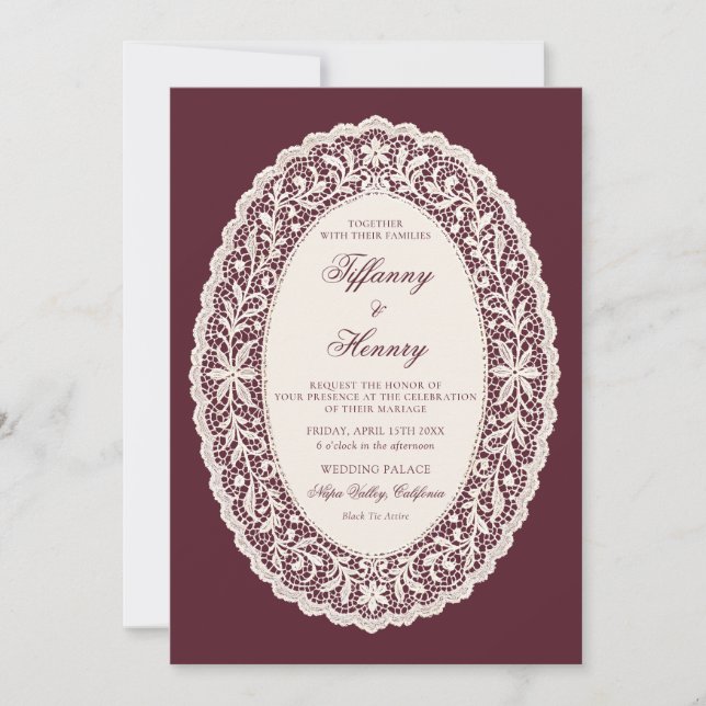 Convites Vintage Lace Burgundy Wedding Invitation (Frente)