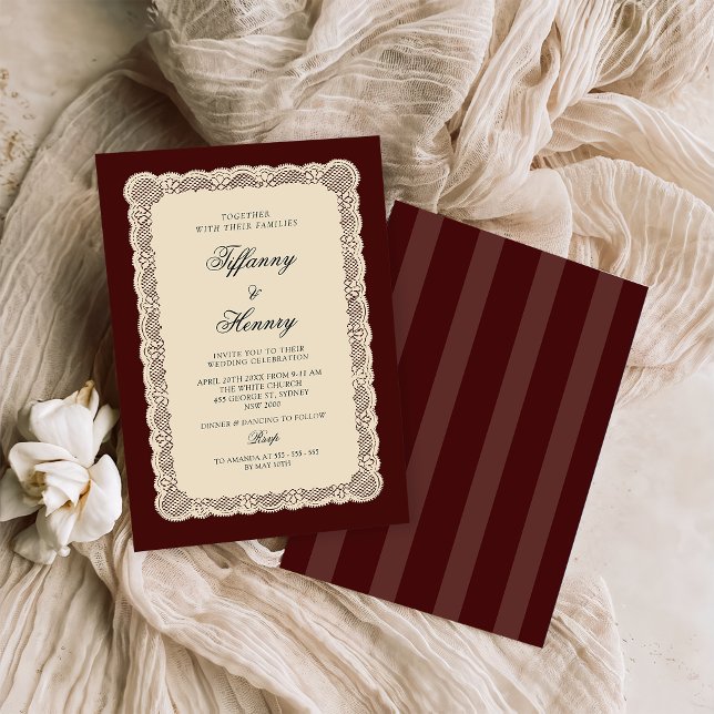 Convites Vintage Lace Burgundy Wedding Invitation (Criador carregado)