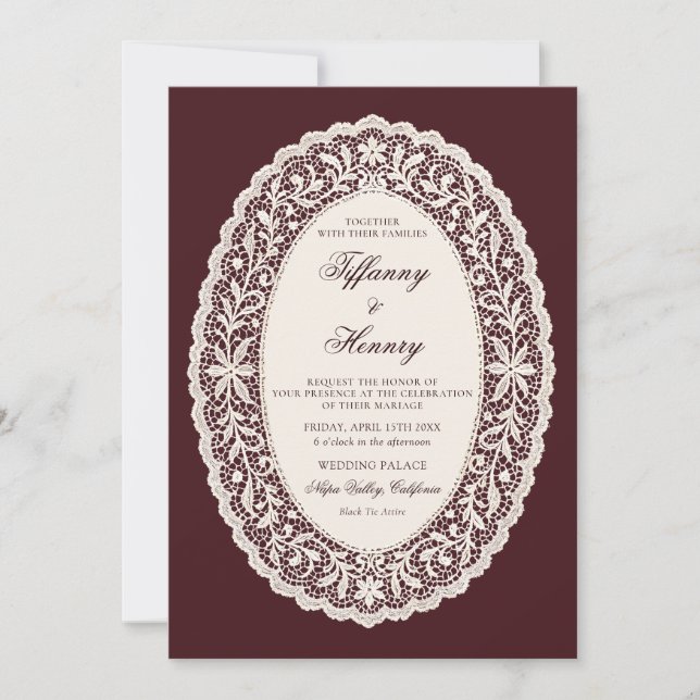 Convites Vintage Lace Burgundy Wedding Invitation (Frente)