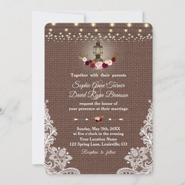 Convites Vintage Lace Burlap Lantern String Luzes Casamento (Frente)