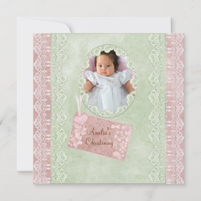 Convites Vintage Lace Green Girl Foto Christening (Frente)
