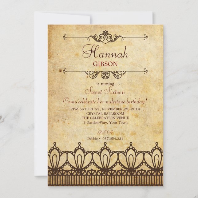 Convites Vintage Lace (Olho Antiquado) Sweet 16 Invitation (Frente)