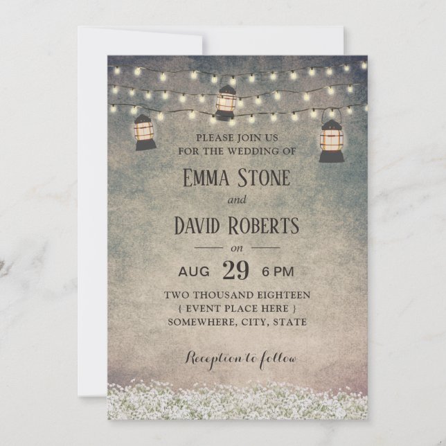 Convites Vintage Lanterna e String Luzes Russo Casamento (Frente)