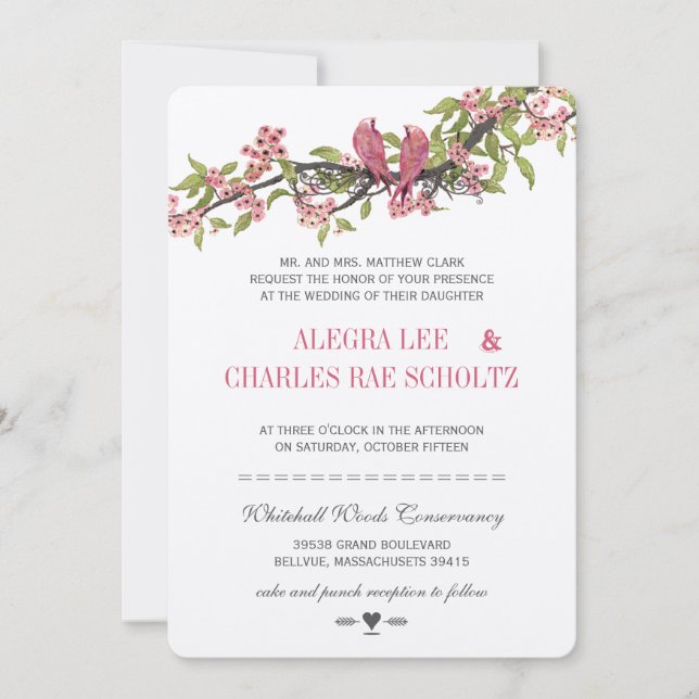 Convites Vintage Love Bird Pink and Cinza Chersmsom (Frente)