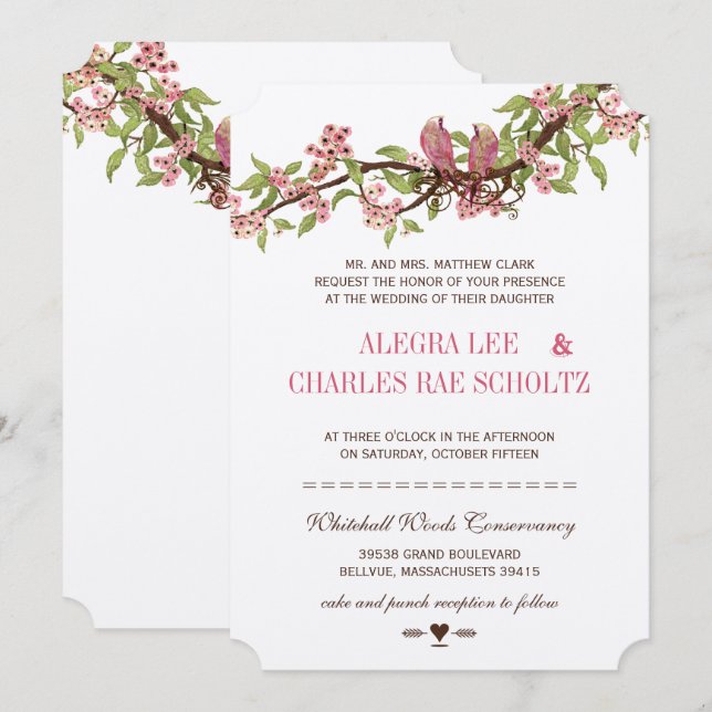 Convites Vintage Love Bird Pink Cherry Blossom Casamento (Frente/Verso)