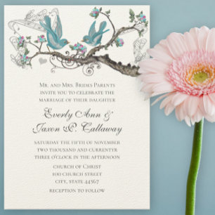 Convites Vintage Love Birds Aqua Blue e Pink Wedds