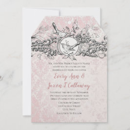 Convites Vintage Love Birds Pink Oak Leaf Scroll Casamento