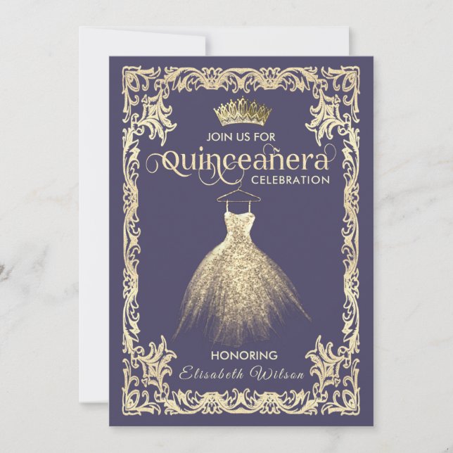 Convites Vintage luxuosa tiara Quinceañera (Frente)
