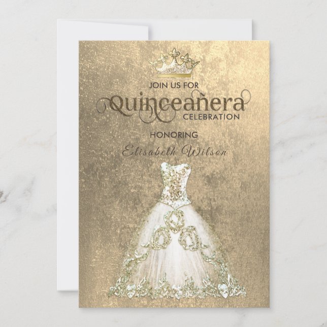 Convites Vintage luxury dourtiara Quinceañera (Frente)