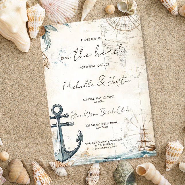 Convites Vintage Map Beach Tropical Island Weding (coastal vintage map wedding invitation)