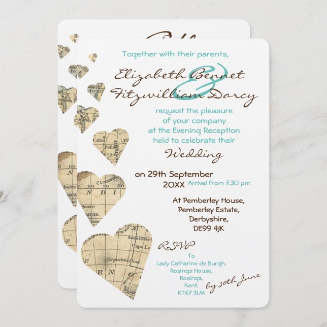 Convites Vintage Map Hearts Night (Frente/Verso)