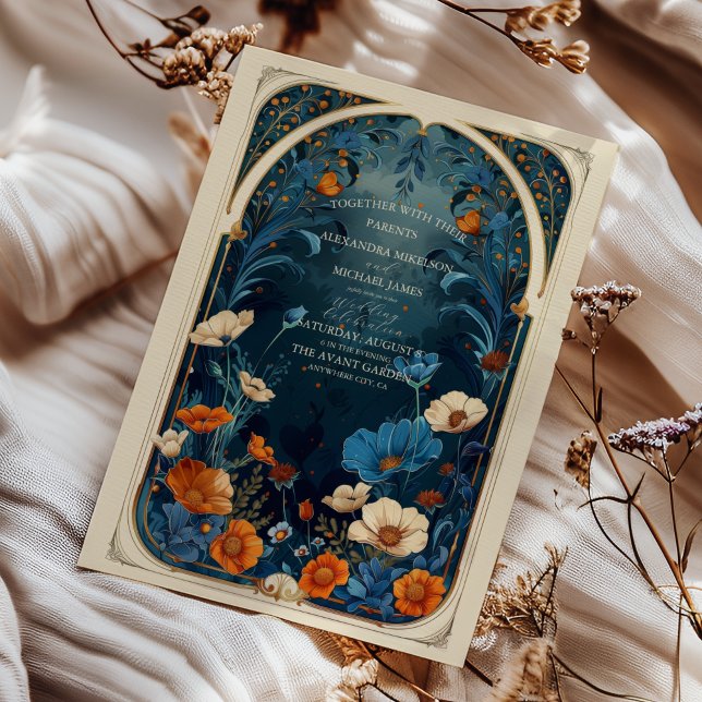 Convites Vintage Marinho Arte Azul Nouveau Casamento (Criador carregado)