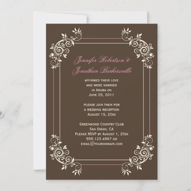 Convites Vintage Marrom Marfim Rosa Ondulações Pós Casament (Frente)