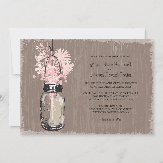 Convites Vintage Mason Jar e Wildflower Wedding (Frente)