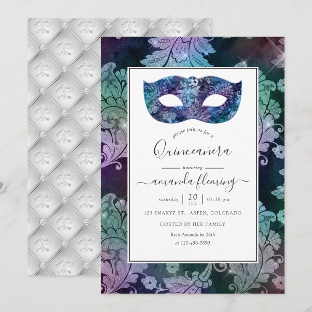 Convites Vintage Masquerada Damask Quinceañera (Frente/Verso)