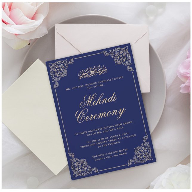 Convites Vintage Mehndi Casamento Islâmico Azul (Criador carregado)