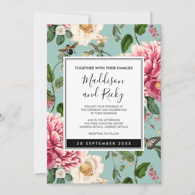 Convites Vintage Mint Aqua Floral Garden Invitation (Frente)