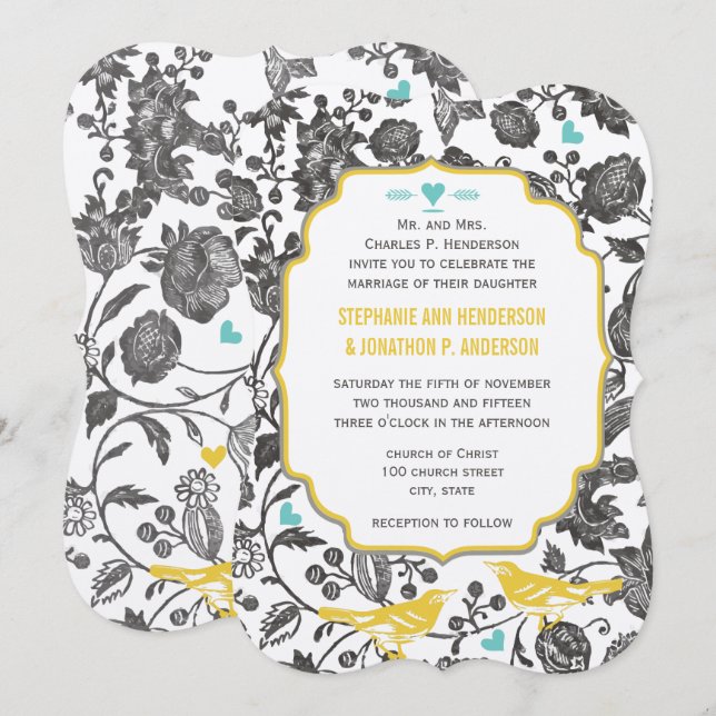 Convites Vintage Mint Cinza Amarelo Floral Love Casamento B (Frente/Verso)