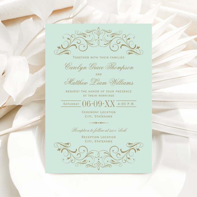 Convites Vintage Mint e Antiquado Casamento Flourish Dourad (Criador carregado)