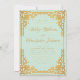 Convites Vintage Mint Faux Dourado Ornamentado Script Green