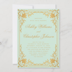 Convites Vintage Mint Faux Dourado Ornamentado Script Green