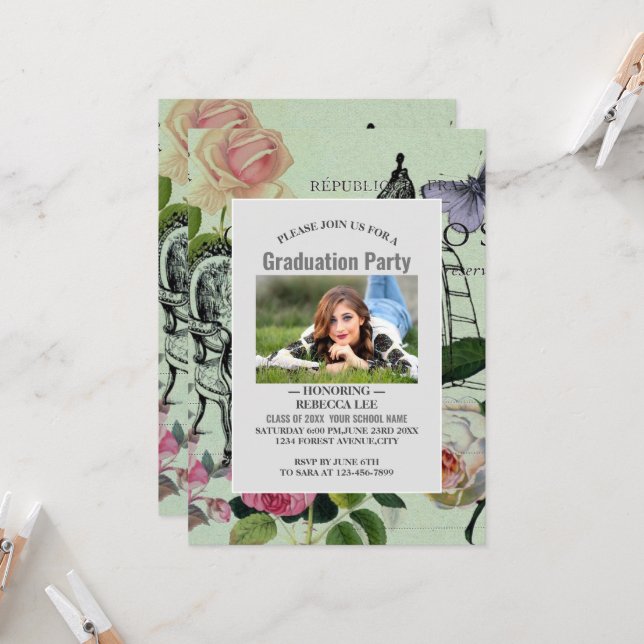 Convites Vintage Mint French Pink Rose Party Paris (Frente/Verso In Situ)