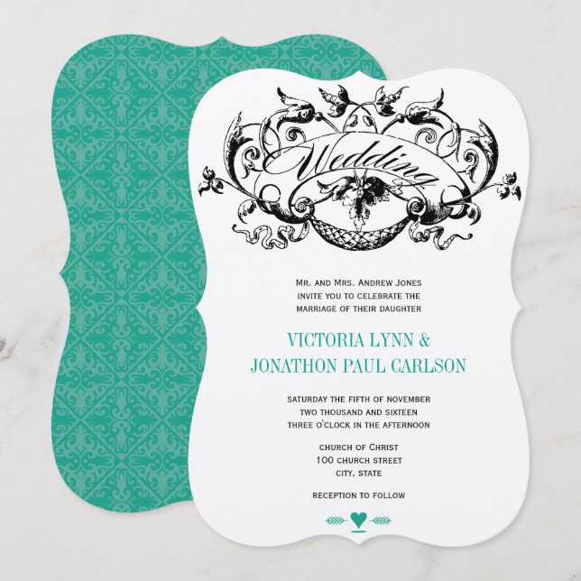 Convites Vintage Modern Emerald Wedings Invtions (Frente/Verso)