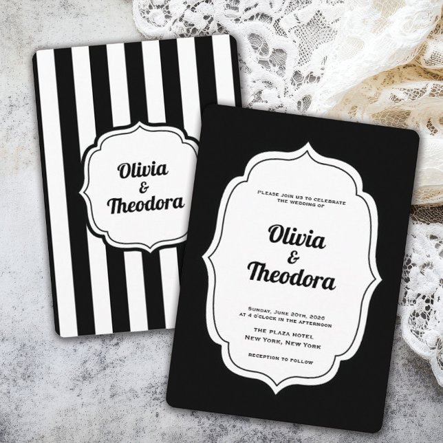 Convites Vintage Modern Stripe wedding invitation (vintage modern elegant black and white stripe wedding invitation)