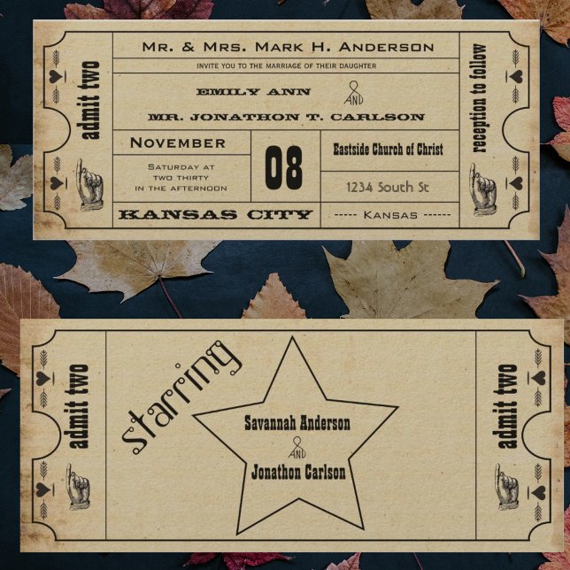 Convites Vintage Modern Typografia Ticket Weding (Criador carregado)