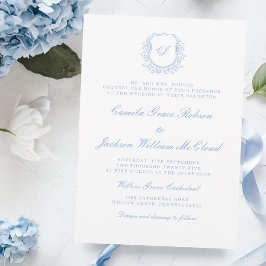 Convites Vintage Monogram White and Dusty Blue Wedding 