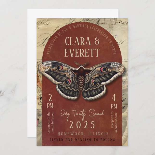 Convites Vintage Moth Wedding Invitation with Rustic Arch (Frente/Verso)