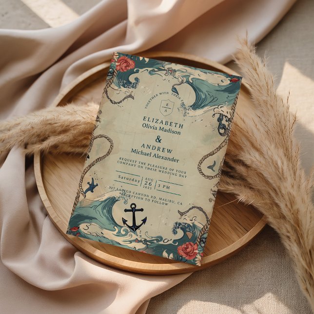 Convites Vintage Nautical Waves & Rope Wedding (Criador carregado)
