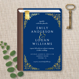 Convites Vintage Navy Blue Book Cover Gold Floral Wedding