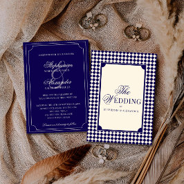 Convites Vintage Navy Blue Checkered Old Money Wedding