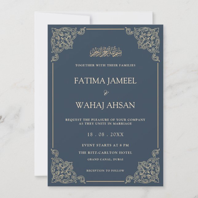 Convites Vintage Navy Blue Gold Script Muslim Wedding (Frente)