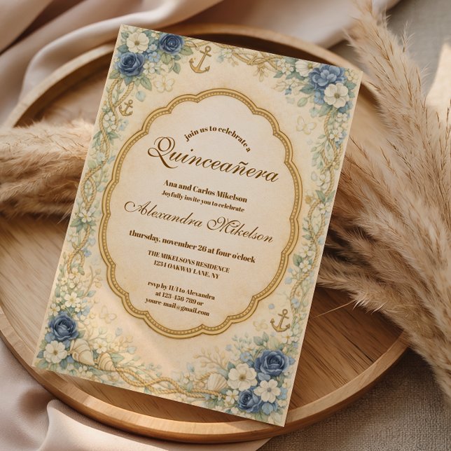 Convites Vintage Navy Coastal Quinceañera (Criador carregado)