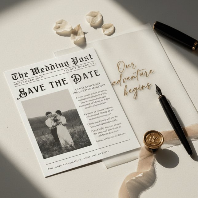 Convites Vintage Newspaper Save the Date Wedding Invitation (Criador carregado)