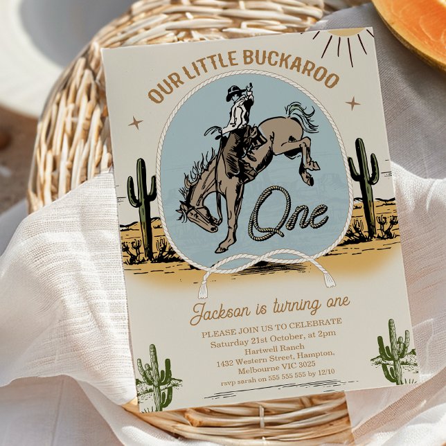 Convites Vintage Nosso Pequeno primeiro aniversario Buckaro (Boys VintageBlue Our Little Buckaroo 1st Birthday Invitation Wild West First Birthday Western Horse )