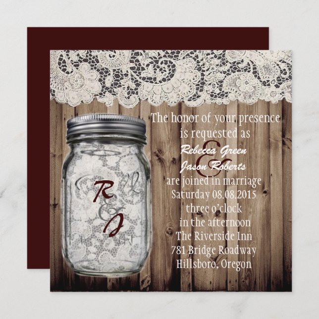 Convites vintage ocidental barnwood lace mason jar (Frente/Verso)