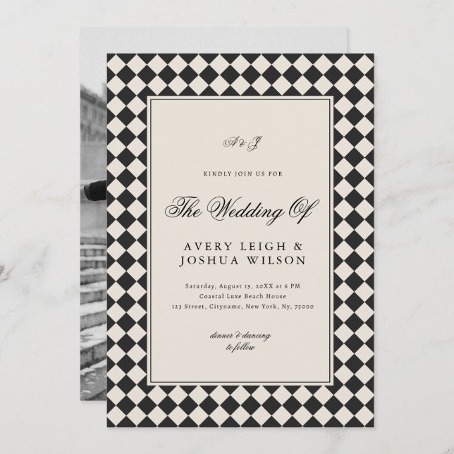 Convites Vintage Old Money Preppy Checkered Photo Wedding (Frente/Verso)