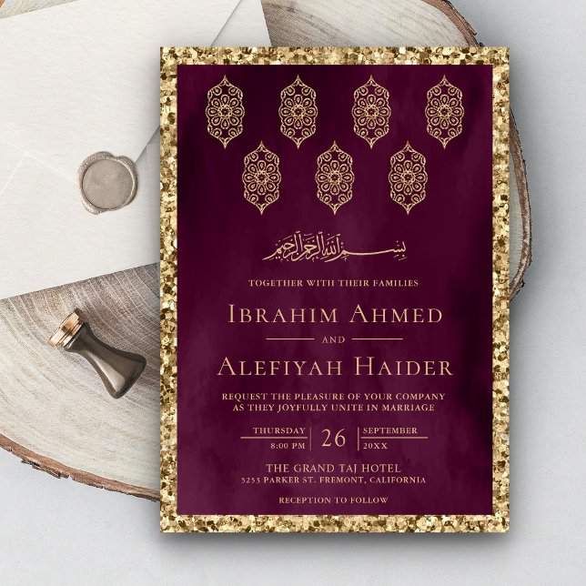 Convites Vintage Ornamentado Lanternas Plum Casamento Muçul (Criador carregado)
