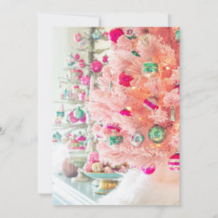 Convites Vintage Ornaments on Pink Christmas Tree Flat Card