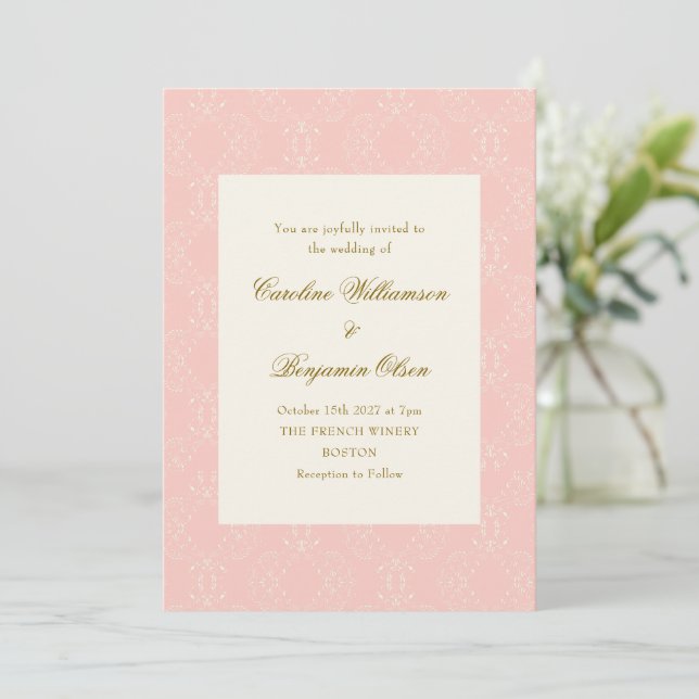Convites Vintage Ornato Damasko Rosa Corado Casamento Elega (Em pé/Frente)