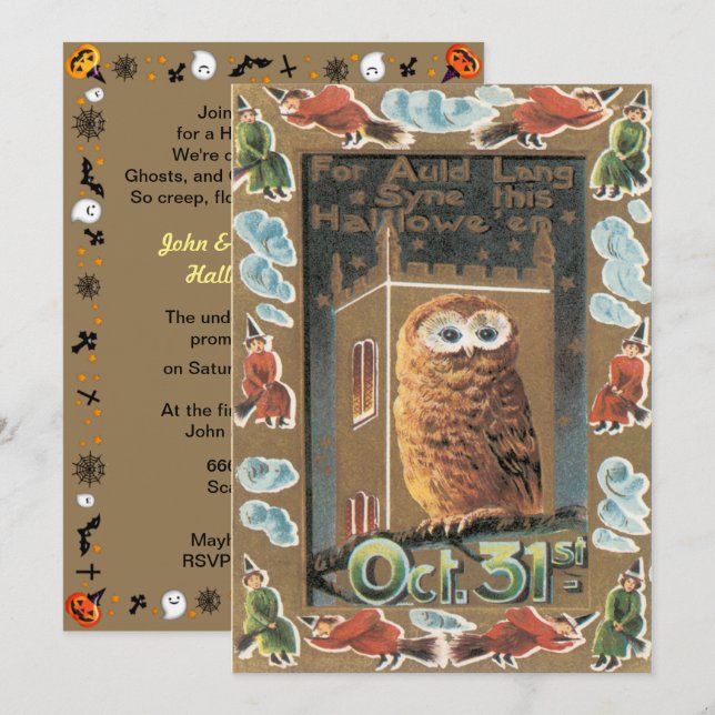 Convites Vintage Owl E Witches Halloween (Frente/Verso)