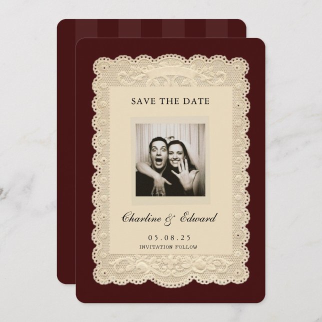 Convites Vintage Paper Lace Burgundy Save the Date (Criador carregado)
