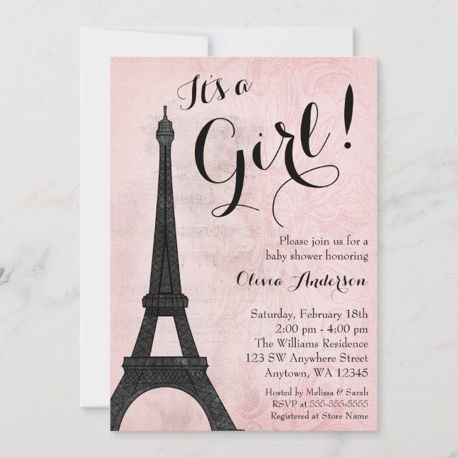 Convites Vintage Paris Pink Black Girl Chá de fraldas (Frente)