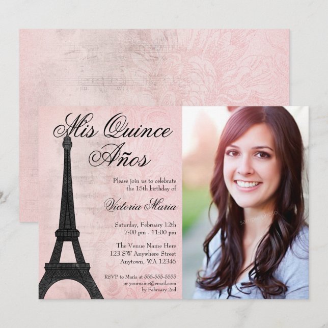 Convites Vintage Paris Pink Black Sweet 15 Quinceanera (Frente/Verso)